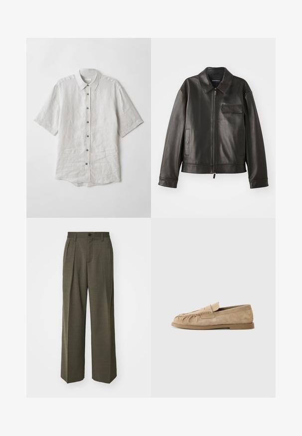 Zwarte leren jas met een kraag, voorkant met rits en twee zijzakken. Heeft een borstzak met klepsluiting en een gladde textuur.; Korte mouwen knoopshirt in lichtgrijze linnen. Heeft een klassieke kraag, knoopsluiting aan de voorkant en een licht gebogen zoom. Zachte textuur met minimale kreukels.; Filippa K WIDE TROUSERS - Broek - driftwood; Beige suède instappers met een geraffineerd ontwerp, voorzien van een platte zool en een decoratieve strap over de wreef. Glad van structuur.