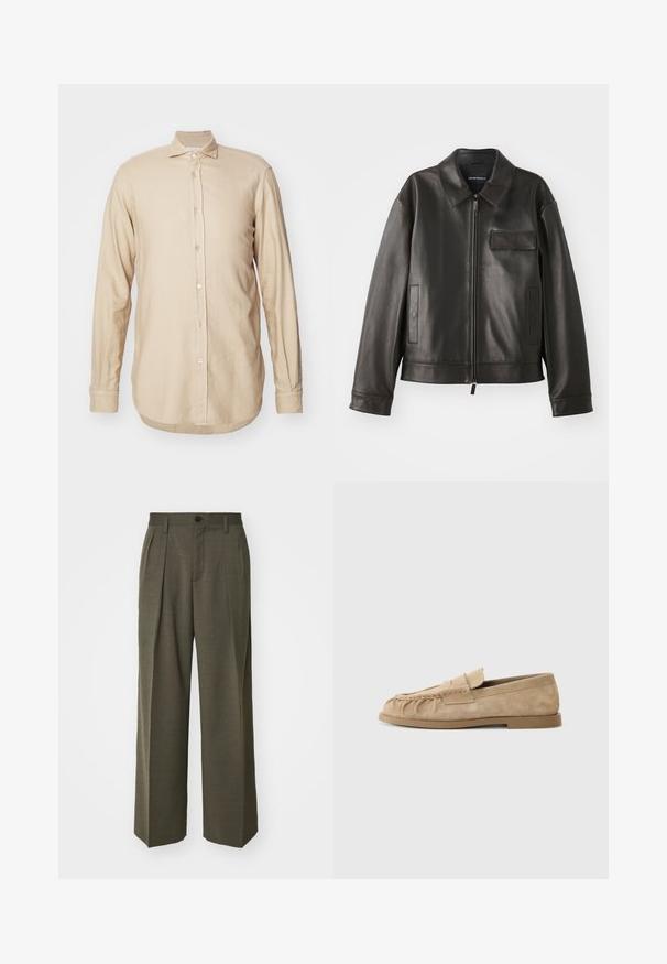 Juodas odinis švarkas su apykakle, priekiniu užtrauktuku ir dviem šoninėmis kišenėmis. Yra krūtinės kišenė su užsegimu ir lygaus paviršiaus tekstūra.; Šviesiai rudos ilgos rankovės marškiniai pagaminti iš lengvos medžiagos, su mygtukų užsegimu priekyje, plati apykakle ir šiek tiek kreivu hemu su subtilia tekstūra.; Filippa K WIDE TROUSERS - Kelnės - driftwood; Bežiniai suede slip-on loaferi su surinkta dizainu, turintys plokščią padas ir dekoratyvinę juostelę per vampą. Lygi tekstūra.