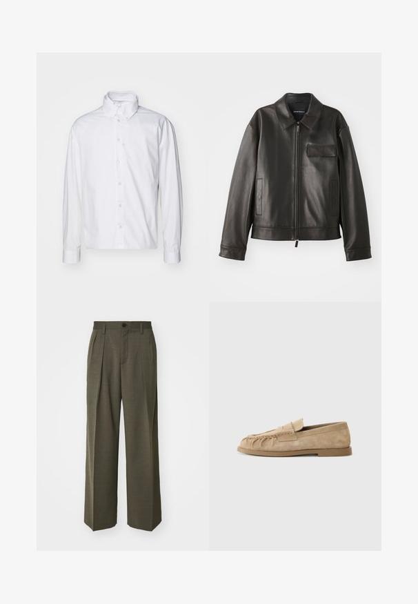 Must värvi nahast jakk, millel on krae, esitõmblus ja kaks külge taskut. Omab rinna taskut klapiga detailiga ja sujuva tekstuuriga.; Valge pikatoimeline nööpidega särk, mis on valmistatud puuvillast. Omab klassikalist kraed, esist nööpide sulgemist ja rullatud varrukate sujuvat tekstuuri.; Filippa K WIDE TROUSERS - Püksid - driftwood; Beige nubukist slip-on loafers, mille palake kujundusega, millel on lame talla ja dekoratiivne rihm vöö vahel. Sile tekstuur.