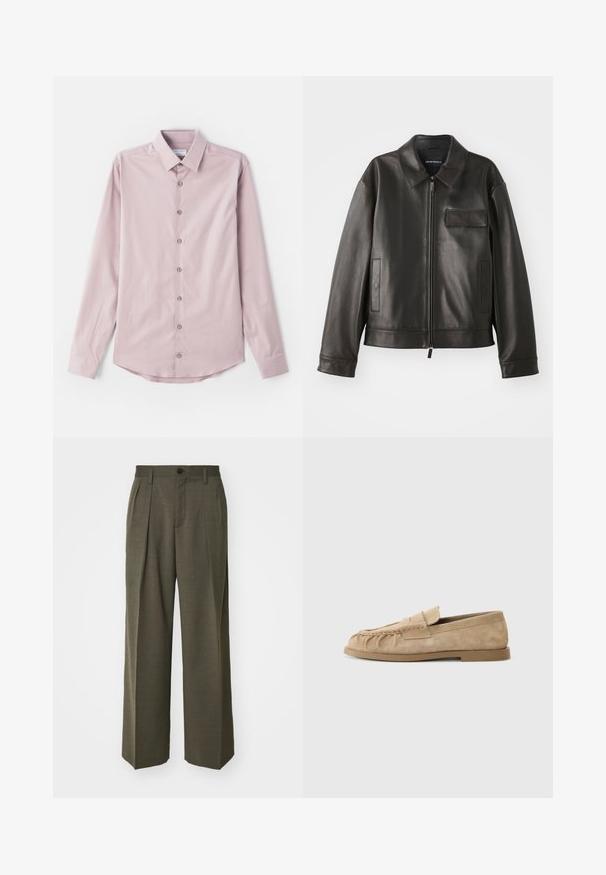 Juodas odinis švarkas su apykakle, priekiniu užtrauktuku ir dviem šoninėmis kišenėmis. Yra krūtinės kišenė su užsegimu ir lygaus paviršiaus tekstūra.; Šviesiai rožinė ilgomis rankovėmis marškinėlių pagaminta iš lygaus audinio. Su mygtukų apykakle ir septyniais priekiniais mygtukais su sidabriniais akcentais. Iškirptė kreivė.; Filippa K WIDE TROUSERS - Kelnės - driftwood; Bežiniai suede slip-on loaferi su surinkta dizainu, turintys plokščią padas ir dekoratyvinę juostelę per vampą. Lygi tekstūra.
