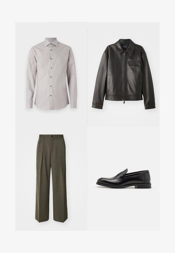 Czarna skórzana kurtka z kołnierzykiem, przednim zamkiem błyskawicznym i dwiema bocznymi kieszeniami. Posiada kieszeń na piersi z klapką i gładką fakturę.; Jasnoszara koszula zapinana na guziki z klasycznym kołnierzykiem, długimi rękawami i pasującymi szarymi guzikami. Gładki materiał i dopasowany krój.; Filippa K - Spodnie materiałowe; Czarne skórzane mokasyny o gładkiej fakturze, zaokrąglonym nosku i dekoracyjnym pasku na przodzie. Niski, warstwowy obcas, minimalistyczny design.