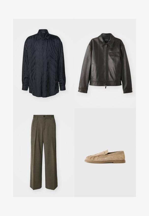 Μαύρο δερμάτινο μπουφάν με γιακά, μπροστινό φερμουάρ και δύο πλαϊνές τσέπες. Διαθέτει τσέπη στο στήθος με λεπτομέρεια καπάκι και λεία υφή.; Roberto Cavalli FREEDOM COOL FIT - Πουκάμισο - black; Filippa K WIDE TROUSERS - Παντελόνι - driftwood; Μπεζ σουέντ loafers με καλή σχεδίαση, διαθέτοντας επίπεδη σόλα και διακοσμητική ταινία διαγώνια πάνω από το πάνω μέρος. Λείο υλικό.