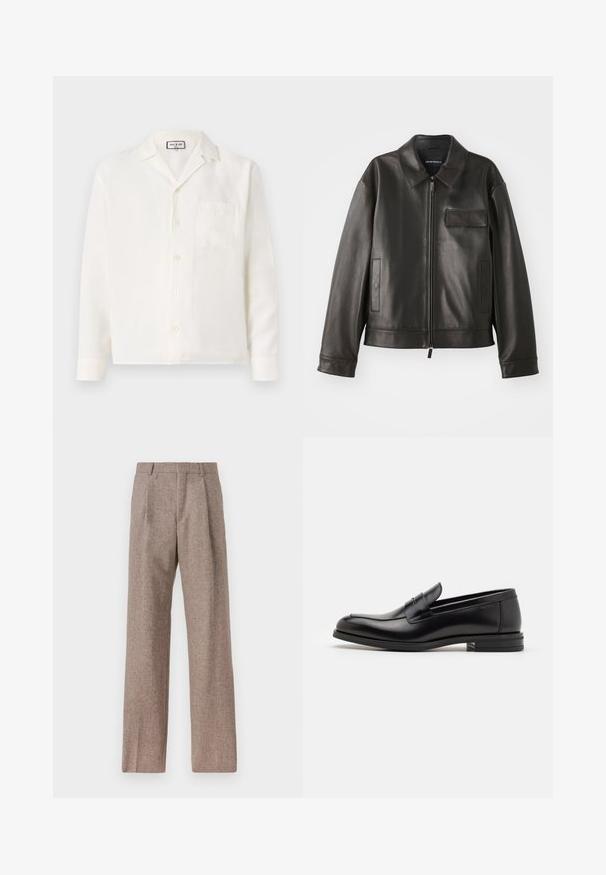 Black leather jacket with a collar, front zipper, and two side pockets. Features a chest pocket with flap detail and smooth texture.; Short-sleeve white shirt in lightweight fabric. Features a notched collar, button front, and a chest pocket. Smooth texture, casual design.; Brown, high-waisted trousers made of textured fabric. Features wide legs and two front pleats for structure. Neat finish with no visible hardware.; Black leather loafers with a smooth texture, rounded toe, and a decorative strap across the vamp. Low stacked heel, minimalist design.