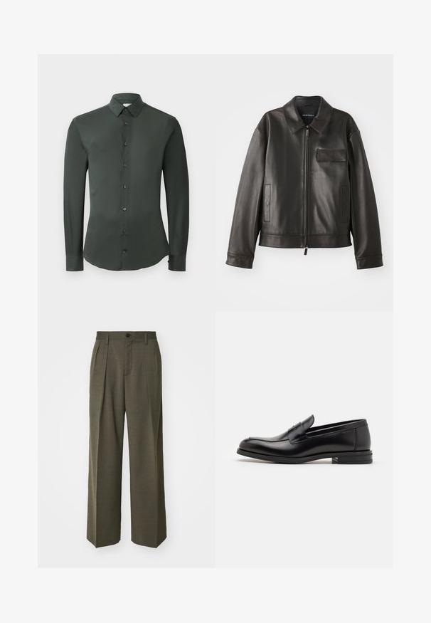 Musta nahkatakki, jossa on kaulus, vetoketju edessä ja kaksi sivutaskua. Kokonaisuudessa on rintatasku, jossa on läppäyksikkö, ja se on sileäpintainen.; Tummanvihreä pitkähihainen paita klassisella kauluksella, etupainatus suljettuna ja sileä kangas. Varustettu nappikauluksilla ja muotoonommellulla istuvuudella.; Filippa K WIDE TROUSERS - Housut - driftwood; Mustat nahkakengät, joissa on sileä pinta, pyöreä kärki ja koristeellinen nauha jalkapöydän yli. Matala pinoitu koroke, minimalistinen muotoilu.