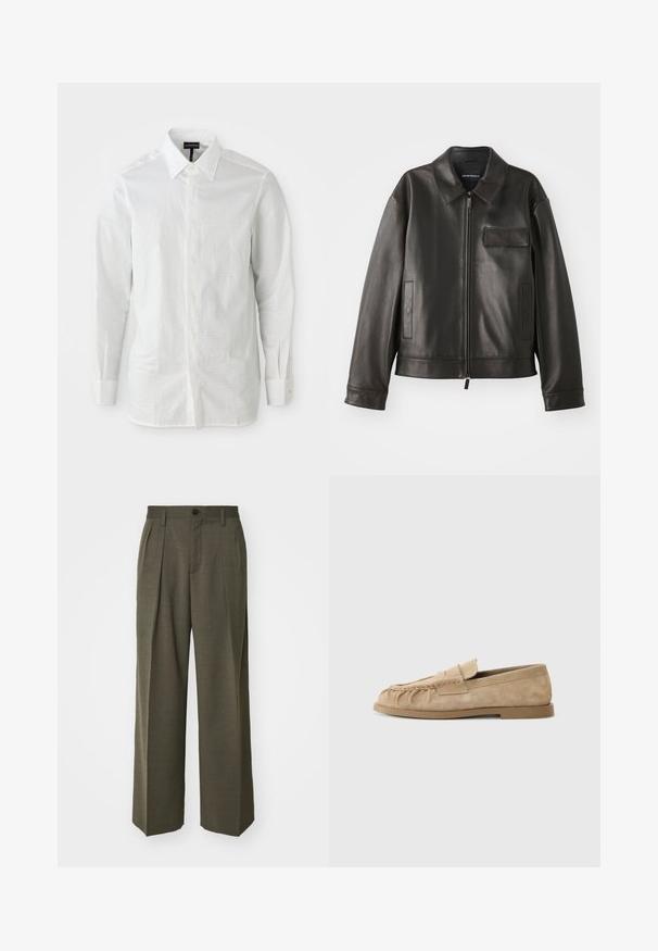 Fekete bőr dzseki gallérral, elülső cipzárral és két oldalsó zsebbek. Jellemzője a mellzsebpocket, amely fakkal díszített, sima textúrával.; Fehér hosszú ujjú ing könnyű anyagból, strukturált gallérral, elülső gombos záródással és diszkrét textúrával az anyagon.; Filippa K WIDE TROUSERS - Nadrágok - driftwood; Beige velúr mokaszinek gyűrött dizájnnal, lapos talppal és díszes pánttal a vamp körül. Simább textúra.