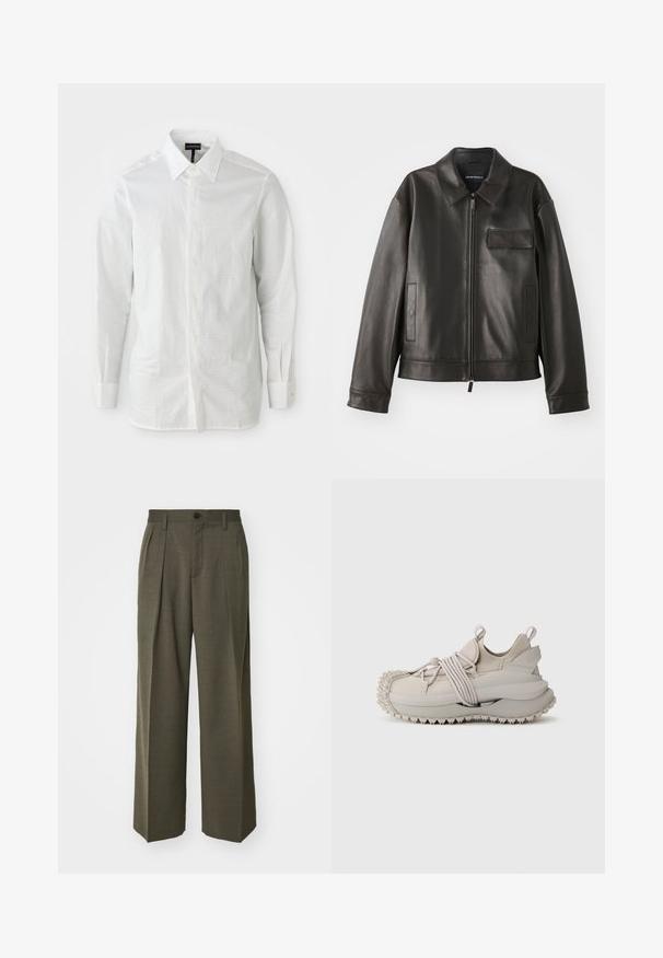 Chaqueta de cuero negro con cuello, cremallera frontal y dos bolsillos laterales. Presenta un bolsillo en el pecho con detalle de solapa y textura suave.; Camisa blanca de manga larga hecha de tela ligera, con un cuello estructurado, cierre frontal de botones y un sutil patrón texturizado en la tela.; Filippa K WIDE TROUSERS - Pantalones - driftwood; Zapatillas gris claro con una suela texturizada, correas elásticas y un tobillo acolchado. Diseñadas con una punta redondeada y una silueta minimalista.