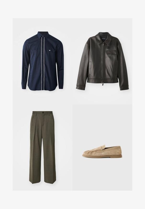Svart läderjacka med krage, framdragkedja och två sidofickor. Har en bröstficka med klaffdetalj och slät yta.; Marinblus med långa ärmar i bomull med klassisk krage, prydd med vit piping fram och en liten logotyp på vänster bröst.; Filippa K WIDE TROUSERS - Tygbyxor - driftwood; Beiga mockasiner i ruggat läder med en samlad design, som har en platt sula och ett dekorativt band över framfoten. Slät textur.