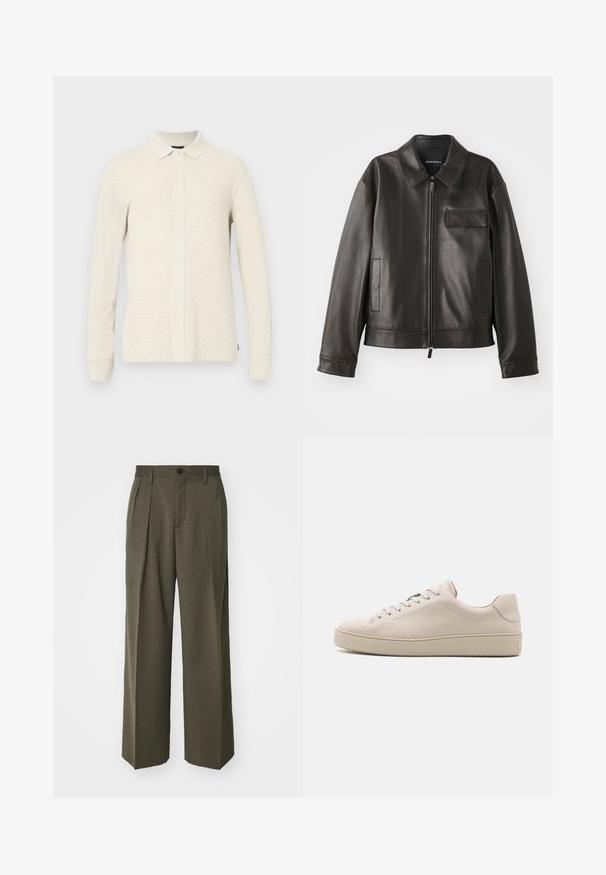 Black leather jacket with a collar, front zipper, and two side pockets. Features a chest pocket with flap detail and smooth texture.; Long-sleeve polo shirt in light beige, textured material, featuring a button front, collar, and cuffs with ribbed accents.; Filippa K WIDE TROUSERS - Trousers - driftwood; Beige leather sneakers with a smooth finish, rounded toe, flat sole, and classic lace-up design. Subtle stitching accents and textured outsole.