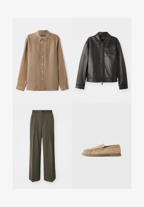 Zwarte leren jas met een kraag, voorkant met rits en twee zijzakken. Heeft een borstzak met klepsluiting en een gladde textuur.; Bruine langemouwshirt van een lichtgewicht, gestructureerde stof, met een kraag en knoopsluiting met contrasterende knopen. Ontwerp met een relaxte pasvorm.; Filippa K WIDE TROUSERS - Broek - driftwood; Beige suède instappers met een geraffineerd ontwerp, voorzien van een platte zool en een decoratieve strap over de wreef. Glad van structuur.