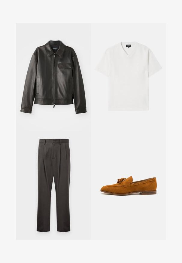 Jachetă din piele neagră cu guler, fermoar frontal și două buzunare laterale. Include un buzunar pe piept cu detaliu de clapetă și textură netedă.; Tricou alb cu mânecă scurtă și decolteu în V, realizat dintr-un material texturat cu un model subtil. Prezintă un logo mic pe piept.; Pantaloni gri închis dintr-un material texturat, având față plată, pliuri, picioare drepte și bucle pentru curea. Fără hardware sau modele vizibile.; Lofer din suede bej cu vârful rotunjit, detaliu cu ciucure în față și broderie decorativă pe laturi. Toc plat din lemn.