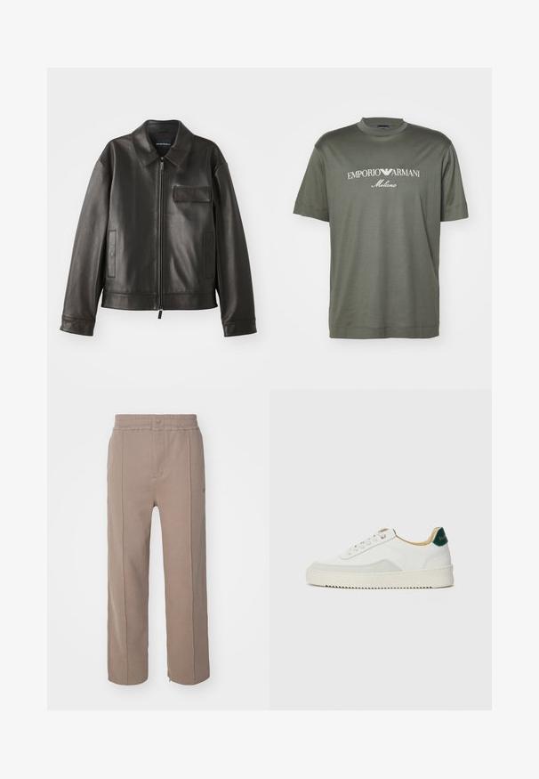 Černá kožená bunda s límcem, předním zipem a dvěma bočními kapsami. Obsahuje kapsu na hrudi s klopou a hladkou texturou.; Tmavě zelené bavlněné tričko s kulatým výstřihem, na hrudi s bílým logem "EMPORIO ARMANI Milano". Krátké rukávy.; Hnědé široké kalhoty vyrobené z měkké, strukturované tkaniny. Mají stahovací pás, zapínání na knoflík a boční švy.; Bílé tenisky se semišovými prvky, kulatou špičkou, plochými tkaničkami a krémovou gumovou podrážkou. Na patě mají zelené logo.
