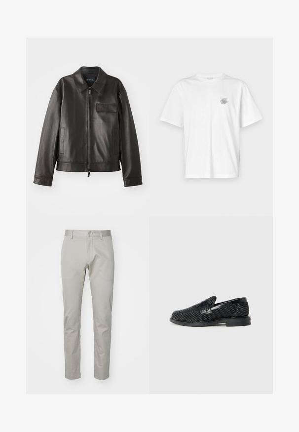 Schwarze Lederjacke mit Kragen, Frontreißverschluss und zwei Seitentaschen. Verfügt über eine Brusttasche mit Klappendetail und glatter Textur.; Weißes T-Shirt aus Baumwolle mit kurzen Ärmeln, Rundhalsausschnitt und kleinem grauen Logo auf der linken Brustseite. Glatte Textur.; Hellgraue Baumwollhose mit geradem Bein, flacher Vorderseite und ohne sichtbare Taschen oder Verzierungen. Glatte Textur, schlichte Ausführung.; Schwarzer geflochtener Slipper mit einem glatten Lederakzent im Obermaterial, einem runden Zehendesign und einer flachen Gummisohle.