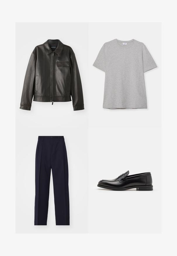 Crna kožna jakna s ovratnikom, prednjim patentnim zatvaračem i dva bočna džepa. Ima džep na prsima s preklopom i glatku teksturu.; Siva majica s kratkim rukavima napravljena od mekane, teksturirane tkanine. Ima klasičan izrez oko vrata i ravni rub, prikladna za svakodnevno nošenje.; Tamno plave, krojene hlače ravnog kroja, s nabranim prednjim dijelom, kopčanjem na gumb i bez vidljivih džepova. Glatka tekstura tkanine.; Crni kožni mokasini s glatkom teksturom, zaobljenim prstima i ukrasnom trakom preko prednjeg dijela. Niski slojeviti potplat, minimalistički dizajn.