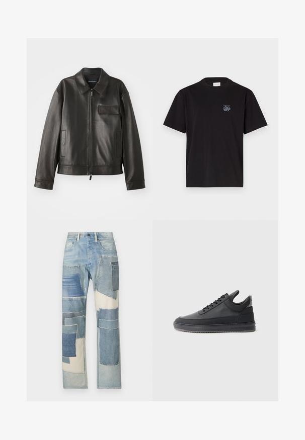 Must värvi nahast jakk, millel on krae, esitõmblus ja kaks külge taskut. Omab rinna taskut klapiga detailiga ja sujuva tekstuuriga.; Must mustaga T-särk, millel on ümar kaelus ja lühikesed varrukad. Vasakul rinnal on väike sinine logo. Lihtne, sirge lõikega disain.; Heledad sinine denim püksid, millel on patchwork-disain erinevates sinistes toonides, ebaregulaarsed kujundid ja purustatud servad, luues tekstuuri kontrasti.; Mustad nahkkingad tekstuurse pinnaga, kinnitatavad paeltega, madala varbaga ning hall kummitald, millel on sooneline äär.