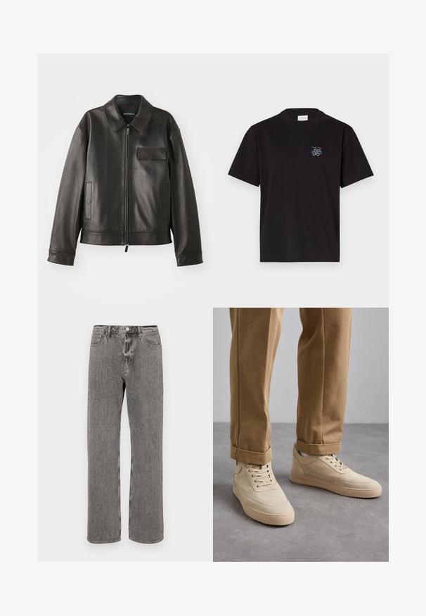 Jachetă din piele neagră cu guler, fermoar frontal și două buzunare laterale. Include un buzunar pe piept cu detaliu de clapetă și textură netedă.; Tricou din bumbac negru cu guler rotund și mâneci scurte. Prezintă un mic logo albastru pe partea stângă a pieptului. Design simplu, cu tăietură dreaptă.; Jeans din denimul gri, cu un croi drept, design cu cinci buzunare și închidere cu nasture la talie. Textură subtilă, ușor decolorată pe întreaga suprafață.; Tenisi bej din suede, cu o textură netedă, design cu șireturi și talpă din cauciuc, asortați cu pantaloni maro deschis cu manșetă.