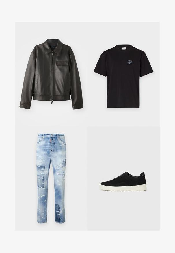 Juodas odinis švarkas su apykakle, priekiniu užtrauktuku ir dviem šoninėmis kišenėmis. Yra krūtinės kišenė su užsegimu ir lygaus paviršiaus tekstūra.; Juodas medvilninis marškinėliai su apvalia kaklo iškirpte ir trumpomis rankovėmis. Yra mažas mėlynas logotipas ant kairiojo krūtinės. Paprastas, tiesus kirpimas.; Šviesiai mėlyni nutrinti džinsai su plyšiais, tiesaus kirpimo ir nusidėvėjusiomis apykaklėmis. Pasižymi metalinėmis detalėmis ir standartiniu penkių kišenių dizainu.; Juodos veliūrinės sportinės bateliai su raištelių dizainu ir kontrastinga balta gumine padais. Yra tekstūruoti šoniniai skydeliai ir subtilus logotipas ant kulno.