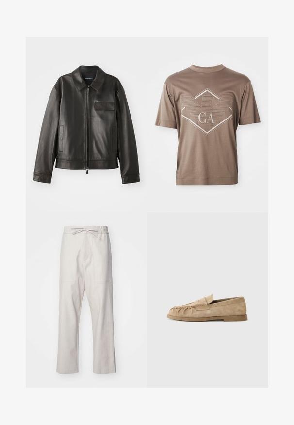 Black leather jacket with a collar, front zipper, and two side pockets. Features a chest pocket with flap detail and smooth texture.; Brown short-sleeve T-shirt with a stitched geometric emblem and "GA" letters centered on the chest.; Linen trousers in light beige, featuring an elastic waistband with a drawstring and two front pockets. Straight-leg design.; Beige suede slip-on loafers with a gathered design, featuring a flat sole and a decorative strap across the vamp. Smooth texture.