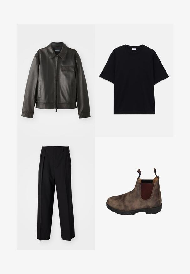 Černá kožená bunda s límcem, předním zipem a dvěma bočními kapsami. Obsahuje kapsu na hrudi s klopou a hladkou texturou.; Černé oversized tričko s krátkým rukávem, kulatým výstřihem a viditelnou značkou Filippa K uvnitř límce.; Černé skládací kalhoty s rovnými, širokými nohavicemi. Vyrobené z hladké tkaniny, se zapínáním na knoflík a poutky na opasek.; Hnědé kožené kotníkové boty s elastickými postranními panely, texturovaným povrchem, černou gumovou podrážkou a poutkem na patě pro snadné obouvání.