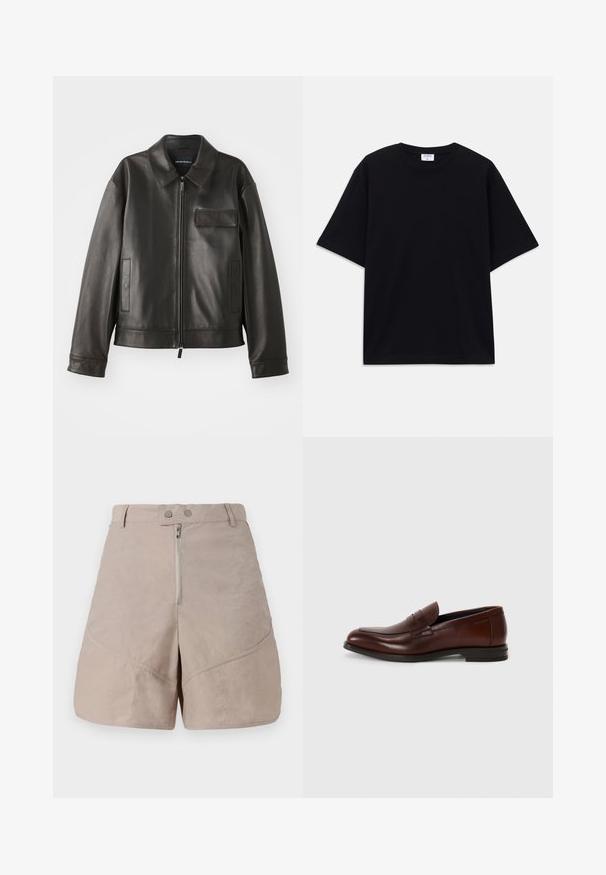 Black leather jacket with a collar, front zipper, and two side pockets. Features a chest pocket with flap detail and smooth texture.; Black short-sleeve oversized T-shirt with round neckline and visible Filippa K brand label inside the collar.; Beige shorts with a smooth, textured fabric. Features a front zip closure, two button fastenings, and diagonal seam detailing.; Brown leather loafers with a rounded toe, front strap detail, and a low stacked heel. Smooth texture with minimal decorative accents.