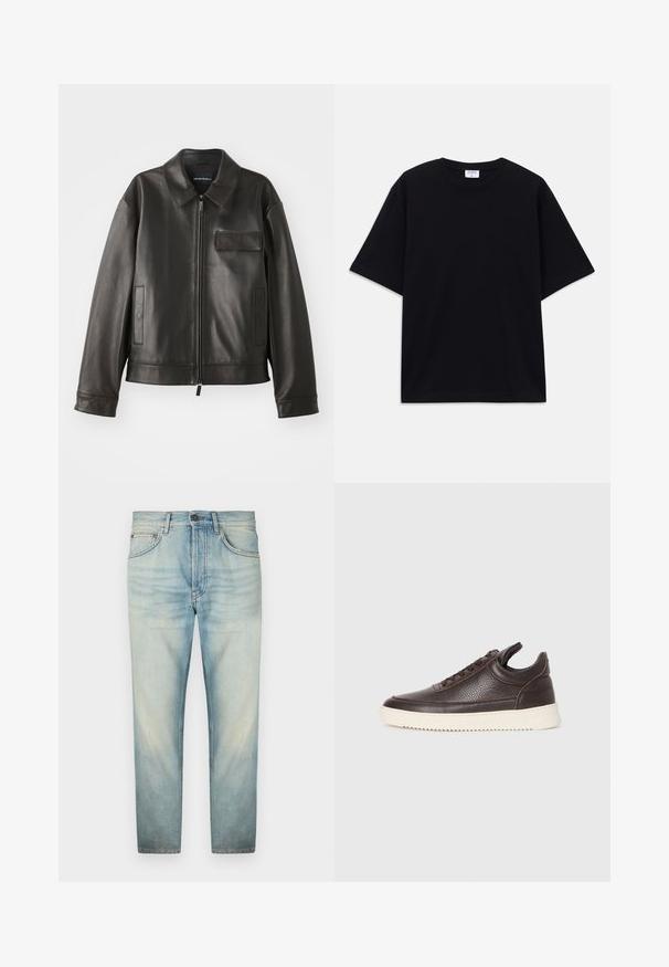 Μαύρο δερμάτινο μπουφάν με γιακά, μπροστινό φερμουάρ και δύο πλαϊνές τσέπες. Διαθέτει τσέπη στο στήθος με λεπτομέρεια καπάκι και λεία υφή.; Μαύρο κοντομάνικο oversized T-shirt με στρογγυλή λαιμόκοψη και ορατή ετικέτα μάρκας Filippa K μέσα στον γιακά.; Ανοιχτό γαλάζιο τζιν σε ξεθωριασμένη απόχρωση με ίσια γραμμή, διαθέτοντας πέντε τσέπες και κλείσιμο με κουμπί. Ο ύφασμα έχει λεία υφή.; Σκούρο καφέ υφασμάτινο δερμάτινο αθλητικό παπούτσι με δέσιμο μπροστά και λευκή ανάγλυφη καουτσούκ σόλα σε απλή ανοιχτόχρωμη φόντο.