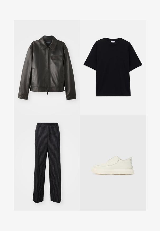 Čierna kožená bunda s golierom, predným zipsom a dvoma bočnými vreckami. Obsahuje aj vrecko na hrudi s chlopňou a hladký povrch.; Čierne nadrozmerné tričko s krátkym rukávom a okrúhlym výstrihom, s viditeľnou značkovou etikou Filippa K vo vnútri goliera.; Čierne pruhované nohavice s priliehavým strihom, s hladkou textúrou, rovnými nohavicami a jemnými tónovými detailmi po celý čas.; Biele mokasíny s textúrovaným povrchom, s okrúhlou špičkou a hrubou gumovou podrážkou. Svetlé stehy dopĺňajú dizajn.