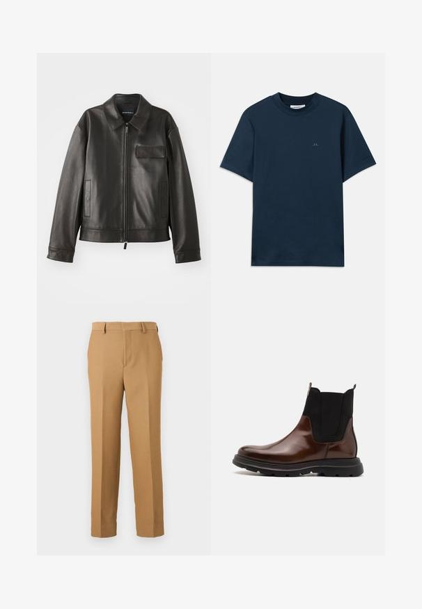 Černá kožená bunda s límcem, předním zipem a dvěma bočními kapsami. Obsahuje kapsu na hrudi s klopou a hladkou texturou.; Tmavě modré bavlněné tričko s kulatým výstřihem, krátkými rukávy a decentním logem potištěným na hrudi. Hladká textura a klasický střih.; Beige kalhoty z tkané látky, s rovnými nohavicemi, plochým předním dílem a poutky na opasek. Hladký povrch bez viditelných vzorů.; Hnědé kožené Chelsea boty s černými elastickými bočními panely, kulatou špičkou a černou gumovou podrážkou s texturovaným vzorem.