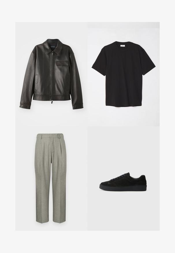Black leather jacket with a collar, front zipper, and two side pockets. Features a chest pocket with flap detail and smooth texture.; Black cotton t-shirt with a crew neck, short sleeves, and a relaxed fit. Simple design, smooth texture, and no visible patterns or logos.; Light gray trousers in a textured fabric. Features a straight-leg design, pleats in the front, and a flat waistband.; Black suede sneaker with a flat, textured sole, rounded toe, six eyelets for laces, and a minimalist design.