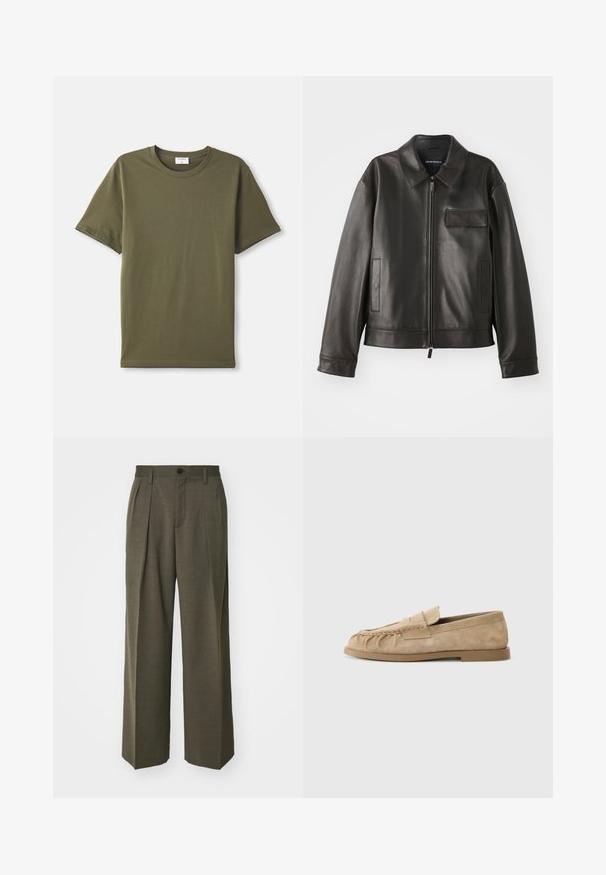 Čierna kožená bunda s golierom, predným zipsom a dvoma bočnými vreckami. Obsahuje aj vrecko na hrudi s chlopňou a hladký povrch.; Jednoduché olivovo zelené tričko s krátkym rukávom a okrúhlym výstrihom rozložené na bielom pozadí.; Filippa K WIDE TROUSERS - Nohavice - driftwood; Bežové semišové slip-on mokasíny so zhrnutým dizajnom, s plochou podrážkou a dekoračným pásikom cez priehlavok. Hladký povrch.