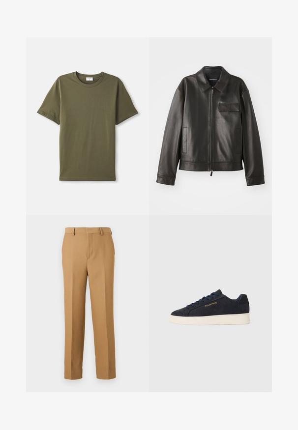 Jachetă din piele neagră cu guler, fermoar frontal și două buzunare laterale. Include un buzunar pe piept cu detaliu de clapetă și textură netedă.; Tricou scurt cu mâneci scurte, de culoare verde măsliniu, așezat pe o fundal alb.; Pantaloni bej dintr-un material țesut, cu croială dreaptă, față plată și bucle pentru curea. Textură netedă, fără modele vizibile.; Adidași cu talpă joasă din suede bleumarin, cu talpă albă, șireturi bleumarin și logo-ul 'Filling Pieces' în aur pe lateral.
