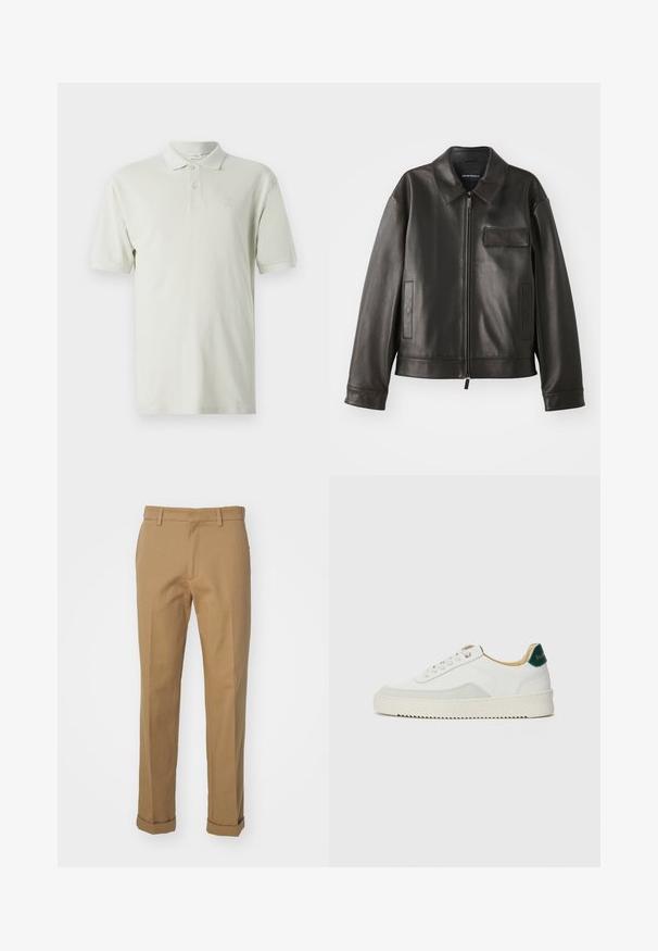 Černá kožená bunda s límcem, předním zipem a dvěma bočními kapsami. Obsahuje kapsu na hrudi s klopou a hladkou texturou.; Světle béžové polo tričko s krátkým rukávem, klasickým límcem a zapínáním na tři knoflíky. Diskrétní vyšitý logo na hrudi. Flexibilní bavlněný materiál.; Hnědé bavlněné kalhoty s rovný střih, s ohrnutým lemem, dvěma předními kapsami a hladkým povrchem.; Bílé tenisky se semišovými prvky, kulatou špičkou, plochými tkaničkami a krémovou gumovou podrážkou. Na patě mají zelené logo.
