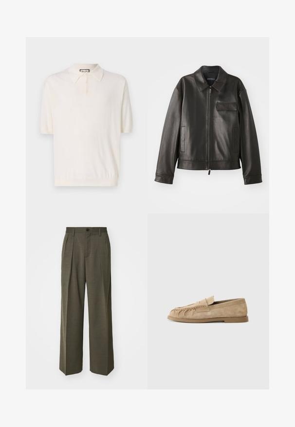 Juodas odinis švarkas su apykakle, priekiniu užtrauktuku ir dviem šoninėmis kišenėmis. Yra krūtinės kišenė su užsegimu ir lygaus paviršiaus tekstūra.; Grietos spalvos trumpų rankovių polo marškiniai su klasikine apykakle, keturiais mygtukais ir riebia apdaila. Pagaminta iš minkštos, lengvos medžiagos.; Filippa K WIDE TROUSERS - Kelnės - driftwood; Bežiniai suede slip-on loaferi su surinkta dizainu, turintys plokščią padas ir dekoratyvinę juostelę per vampą. Lygi tekstūra.