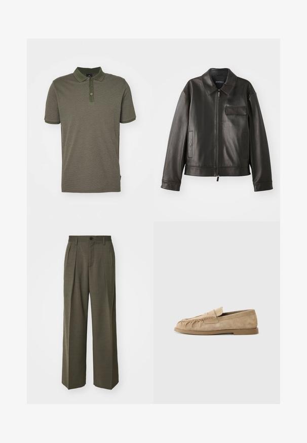 Černá kožená bunda s límcem, předním zipem a dvěma bočními kapsami. Obsahuje kapsu na hrudi s klopou a hladkou texturou.; PS Paul Smith Polotričko - military green; Filippa K WIDE TROUSERS - Kalhoty - driftwood; Béžové semišové slip-on mokasíny s nařaseným designem, mají plochou podrážku a dekorativní pásek přes nárt. Hladký povrch.