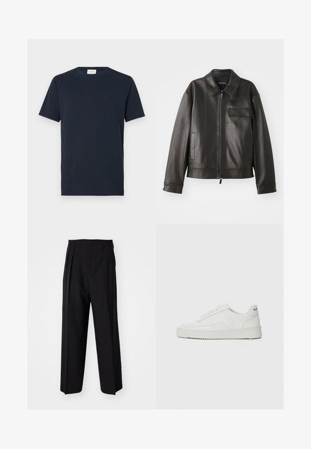 Čierna kožená bunda s golierom, predným zipsom a dvoma bočnými vreckami. Obsahuje aj vrecko na hrudi s chlopňou a hladký povrch.; Námornícky modré tričko s krátkym rukávom vyrobené z jemnej bavlny. Má okrúhly výstrih a jednoduchý, čistý dizajn bez vzorov alebo akcentov.; Čierne skladané nohavice s rovnom, širokým strihom. Vyrobené z hladkého materiálu, s gombíkovým zapínaním a pútkami na opasok.; Biele kožené tenisky s hladkým povrchom, okrúly špičkový dizajn, ploché šnúrky a textúrovaná podrážka. Obsahujú jemné logo na päte.