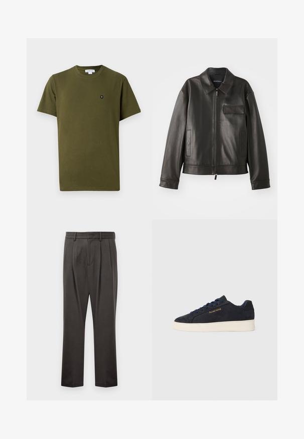 Schwarze Lederjacke mit Kragen, Frontreißverschluss und zwei Seitentaschen. Verfügt über eine Brusttasche mit Klappendetail und glatter Textur.; Olivgrünes Baumwoll-T-Shirt mit Rundhalsausschnitt und kurzen Ärmeln. Verfügt über ein kleines schwarzes Emblem auf der linken Brustseite. Schlichte Textur.; Dunkelgraue Hose aus strukturiertem Stoff, mit flachem Bund, Falten, geraden Beinen und Gürtelschlaufen. Keine sichtbaren Beschläge oder Muster.; Marineblaue Wildleder Low-Top Sneaker mit weißer Sohle, marineblauen Schnürsenkeln und goldenem "Filling Pieces" Logo an der Seite.