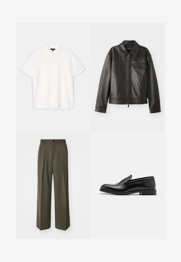 Juodas odinis švarkas su apykakle, priekiniu užtrauktuku ir dviem šoninėmis kišenėmis. Yra krūtinės kišenė su užsegimu ir lygaus paviršiaus tekstūra.; Balta trumpa rankovėmis polo marškinėliai su klasikinio tipo apykakle, trimis sagomis ir tiesia apatine dalimi. Minkšta tekstūra ir paprastas dizainas.; Filippa K WIDE TROUSERS - Kelnės - driftwood; Juodos odinės loafers, turinčios lygų paviršių, apvalią noselę ir dekoratyvinę juostą per priekinę dalį. Žemas krentantis kulnas, minimalistinis dizainas.