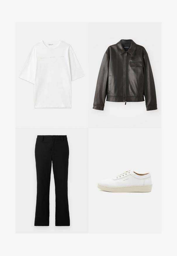 Chaqueta de cuero negro con cuello, cremallera frontal y dos bolsillos laterales. Presenta un bolsillo en el pecho con detalle de solapa y textura suave.; Camiseta de algodón blanca con diseño Oversize, cuello redondo, mangas cortas y acentos de texto impresos en beige claro. Textura suave.; Pantalones de campana negros hechos de una mezcla de algodón, con cierre de botón, trabillas para el cinturón y una textura suave sin patrones visibles.; Zapatilla blanca de cuero con un acabado texturizado, punta redonda, suela de goma beige y seis ojales para cordones grises, con un discreto logotipo en el lateral.