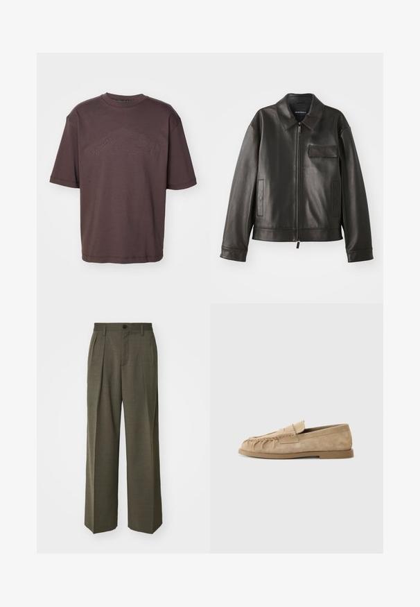 Sort læderjakke med krave, frontlynlås og to sidelommer. Har en brystlomme med klapdetalje og glat tekstur.; Mørkebrun bomulds T-shirt med rund hals og korte ærmer. Præget "DSQUARED2 ICON" logo på forsiden. Løs pasform.; Filippa K WIDE TROUSERS - Bukser - driftwood; Beige ruskinds slip-on loafers med en sammenfoldet design, udstyret med en flad sål og en dekorativ rem over vristen. Glat tekstur.