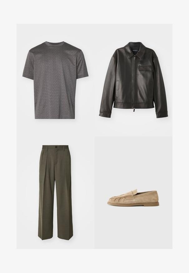 Μαύρο δερμάτινο μπουφάν με γιακά, μπροστινό φερμουάρ και δύο πλαϊνές τσέπες. Διαθέτει τσέπη στο στήθος με λεπτομέρεια καπάκι και λεία υφή.; Γκρι κοντομάνικο μπλουζάκι με επαναλαμβανόμενο μοτίβο κειμένου που έχει την ένδειξη "EMPORIO ARMANI" σε διάφορα μεγέθη και αποχρώσεις. Στρογγυλή λαιμόκοψη.; Filippa K WIDE TROUSERS - Παντελόνι - driftwood; Μπεζ σουέντ loafers με καλή σχεδίαση, διαθέτοντας επίπεδη σόλα και διακοσμητική ταινία διαγώνια πάνω από το πάνω μέρος. Λείο υλικό.