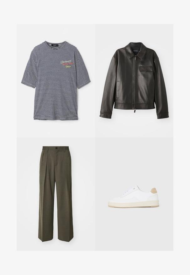 Black leather jacket with a collar, front zipper, and two side pockets. Features a chest pocket with flap detail and smooth texture.; Striped t-shirt with horizontal navy and white stripes, short sleeves, crew neckline, and multicolored embroidered text on the chest.; Filippa K WIDE TROUSERS - Trousers - driftwood; White low-top sneakers with a textured leather upper, cream ridged sole, and a tan heel accent. Features white laces and logo detail on heel.