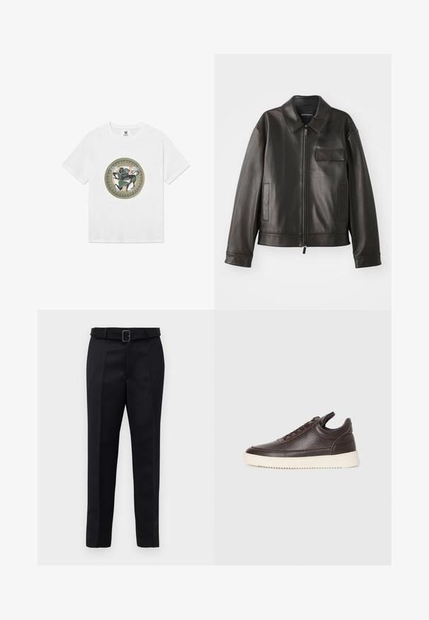 Juodas odinis švarkas su apykakle, priekiniu užtrauktuku ir dviem šoninėmis kišenėmis. Yra krūtinės kišenė su užsegimu ir lygaus paviršiaus tekstūra.; Balta medvilninė marškinėlių su apvaliu alyvuogių ir aukso atspaudų raštu, kuriame pavaizduotas juodas bėgantis figūra ir abstraktūs formų, atspindinčių žemiškas spalvas, elementai.; Juodos pritaikytos kelnės turi lygią medžiagą, tiesų kirpimą ir diržą su stačiakampiu sagtimi. Išskirtiniai priekiniai raukšliai pagerina dizainą.; Tamsiai rudas tekstūruotas odinis sportbačius su raišteliais ir baltu grioveliu ant gumos pado, pateiktas ant šviesaus fono.