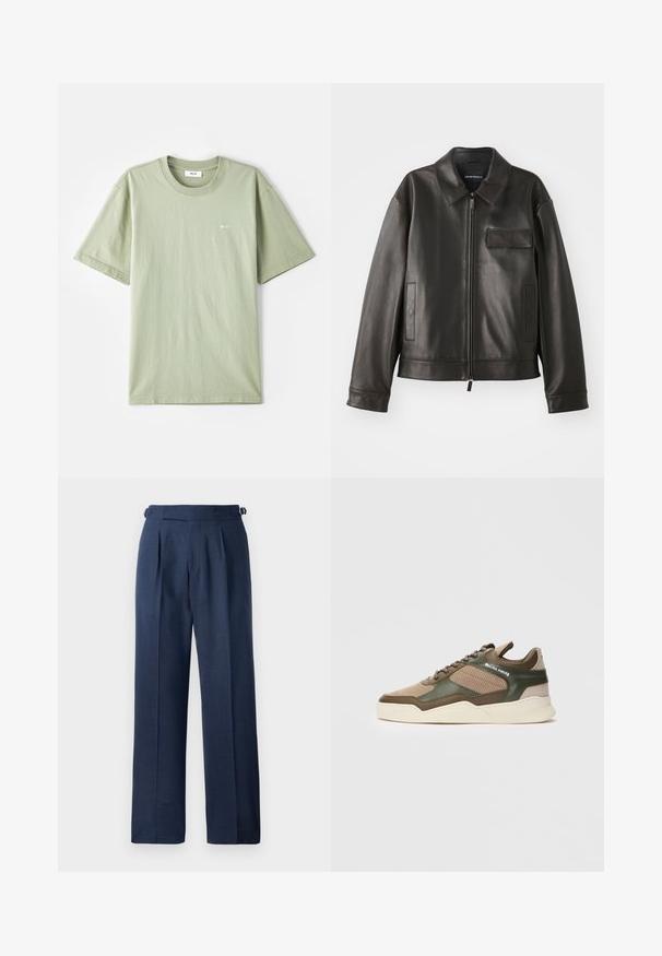 Czarna skórzana kurtka z kołnierzykiem, przednim zamkiem błyskawicznym i dwiema bocznymi kieszeniami. Posiada kieszeń na piersi z klapką i gładką fakturę.; Jasnozielona bawełniana koszulka z krótkimi rękawami, okrągłym dekoltem i małym białym logo na klatce piersiowej. Miękka tekstura, luźny krój i minimalistyczny design.; Niebieskie, dopasowane spodnie z żakardu, o wysokim stanie, z kantami i regulowanymi paskami po bokach dla lepszego dopasowania.; Beżowe i zielone niskie trampki z perforowanymi bokami, białą podeszwą, sznurowanym przodem oraz logo "FILLING PIECES" na bocznym panelu.
