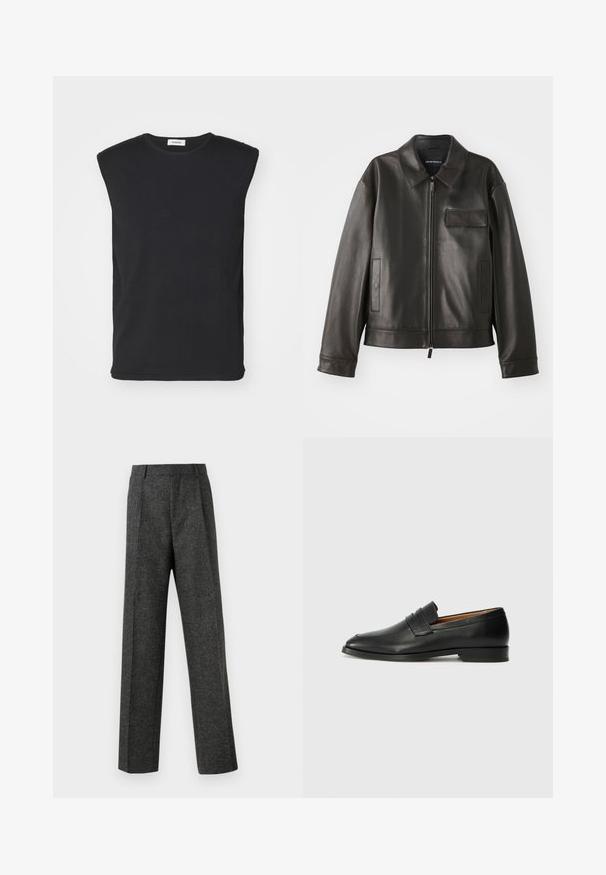 Fekete bőr dzseki gallérral, elülső cipzárral és két oldalsó zsebbek. Jellemzője a mellzsebpocket, amely fakkal díszített, sima textúrával.; sandro PABLO TANK - Felső - noir; Szürke, texturált anyagból készült, szabott nadrág, két elülső pliszével és egyenes lábbal. Nincsenek látható zsebek vagy díszítések.; Fekete bőr mokaszin, kerek orral, diszkrét varrásokkal és alacsony sarokkal, sima felülettel és minimalista dizájnnal.