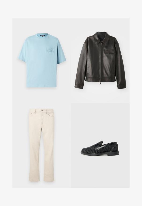 Chaqueta de cuero negro con cuello, cremallera frontal y dos bolsillos laterales. Presenta un bolsillo en el pecho con detalle de solapa y textura suave.; Camiseta de algodón azul claro con mangas cortas, cuello redondo y logo bordado "MK" en el pecho. Textura suave y corte relajado.; Vaqueros de mezclilla en color beige, de mezcla de algodón, con un diseño de pierna recta. Presentan un cierre frontal con botón y cremallera, cinco bolsillos y detalles de costura sutiles.; Zapato negro de tejido con un acento de cuero suave en la parte superior, diseño de punta redonda y suela de goma de perfil bajo.