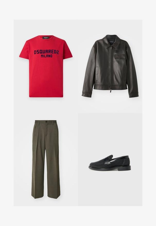 Zwarte leren jas met een kraag, voorkant met rits en twee zijzakken. Heeft een borstzak met klepsluiting en een gladde textuur.; Rode katoenen t-shirt met korte mouwen, met het marineblauwe "DSQUARED2 MILANO" logo op de borst. Klassiek ronde hals ontwerp.; Filippa K WIDE TROUSERS - Broek - driftwood; Zwartegeweven instap schoenen met een glad leren accent aan de bovenkant, een ronde neusontwerp en een laag profiel rubberen zool.