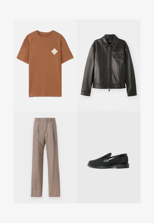 Black leather jacket with a collar, front zipper, and two side pockets. Features a chest pocket with flap detail and smooth texture.; Brown cotton t-shirt with short sleeves, a round neckline, and a white diamond logo patch on the left chest.; Brown, high-waisted trousers made of textured fabric. Features wide legs and two front pleats for structure. Neat finish with no visible hardware.; Black woven slip-on shoe with a smooth leather accent on the upper, a round toe design, and a low-profile rubber sole.