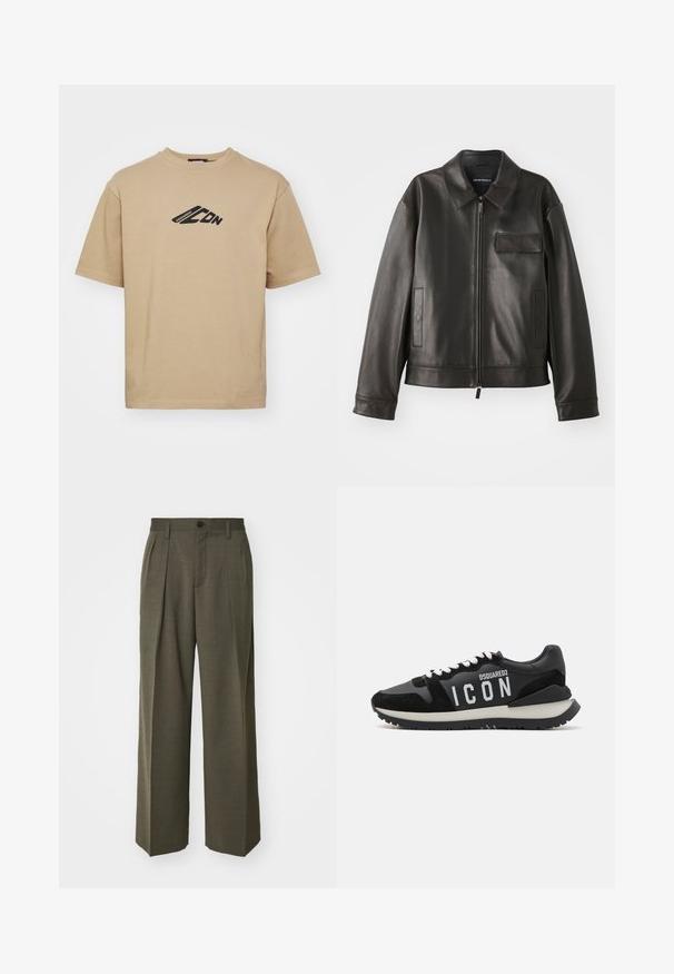 Zwarte leren jas met een kraag, voorkant met rits en twee zijzakken. Heeft een borstzak met klepsluiting en een gladde textuur.; Beige T-shirt van katoen, met een ronde halslijn en korte mouwen. Zwart grafisch ontwerp op de borst met merklettertype.; Filippa K WIDE TROUSERS - Broek - driftwood; Zwarte sneakers van leer en suede, met een witte "ICON" logo en een contrasterende zwarte zool. De veters zijn wit; het ontwerp is sportief.