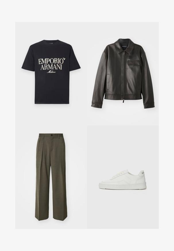 Čierna kožená bunda s golierom, predným zipsom a dvoma bočnými vreckami. Obsahuje aj vrecko na hrudi s chlopňou a hladký povrch.; Čierne bavlnené tričko s veľkým, kontrastným krémovým nápisom "EMPORIO ARMANI Milano" na prednej strane a malým logom na hrudi.; Filippa K WIDE TROUSERS - Nohavice - driftwood; Biele kožené tenisky s hladkým povrchom, okrúly špičkový dizajn, ploché šnúrky a textúrovaná podrážka. Obsahujú jemné logo na päte.