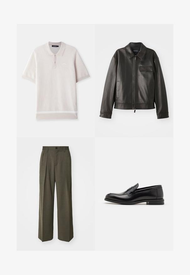 Black leather jacket with a collar, front zipper, and two side pockets. Features a chest pocket with flap detail and smooth texture.; Light gray polo shirt made of textured fabric with a collar, short sleeves, three buttons, and a white logo on the chest.; Filippa K WIDE TROUSERS - Trousers - driftwood; Black leather loafers with a smooth texture, rounded toe, and a decorative strap across the vamp. Low stacked heel, minimalist design.