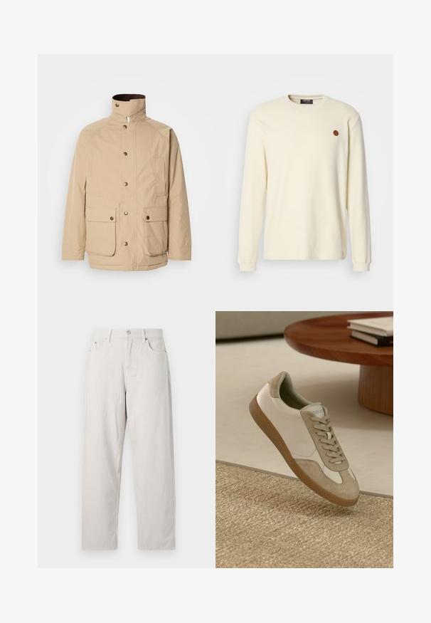 Beige Jacke mit hohem Kragen, Reißverschluss und Druckknöpfen. Verfügt über zwei Vordertaschen und einen strukturierten Stoff. Geeignet für die Freizeit.; Cremefarbener gerippter Pullover mit langen Ärmeln, Rundhalsausschnitt und braunem runden Patch-Logo auf der linken Brust.; Helle beige High-Waist-Jeans im geraden Schnitt. Aus dickem Baumwollstoff gefertigt, mit auffälligen Vordertaschen und einem einzelnen Metallknopf.; Leichtgewichtiger Sneaker mit einem Obermaterial aus weißem Leder und beigen Wildlederakzenten, runder Zehenpartie und einer strukturierten braunen Gummisohle.