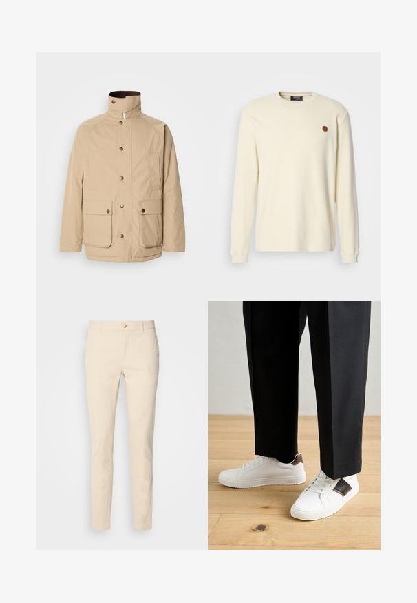 Beige jacket with a high collar, zip closure, and snap buttons. Features two front pockets and a textured fabric. Suitable for casual wear.; Cream ribbed long-sleeve sweater with crew neck and brown circular patch logo on left chest.; Scotch & Soda ESSENTIAL MOTT - Chinos - parchment; White sneakers with smooth texture, featuring brown leather accents and black detailing, paired with black tailored pants. Wooden floor background.